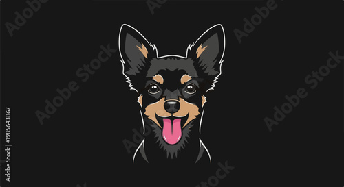 A black and tan cartoon dog's head with its tongue out, isolated on black