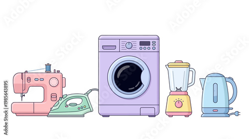 Pastel flat household appliances with rounded shapes, soft colors, minimal style.