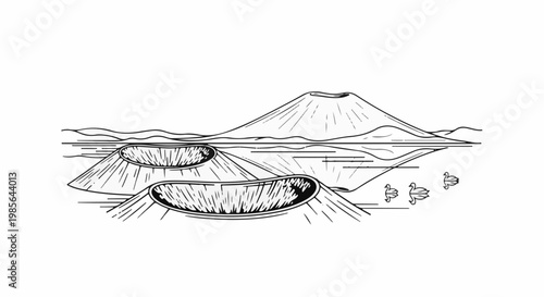 A black and white drawing of a volcano landscape with craters and birds in the water