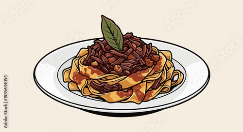 Illustration of a plate piled high with pasta and a rich meat sauce