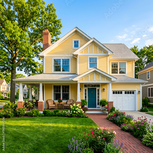 Inviting yellow house with a welcoming front porch, beautiful landscaping, and a bright blue door
