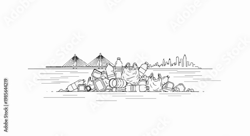 Line art shows city skyline and bridge over water, with plastic waste in foreground
