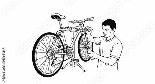 Man servicing a bicycle on a stand using a tool and oil