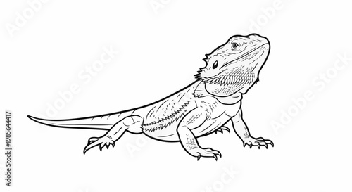A black and white line drawing of a bearded dragon reptile