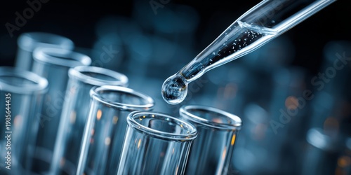 Close-Up View of Glass Test Tubes with Droplet from Pipette in a Laboratory Environment, Scientific Research, and Experimentation Scene