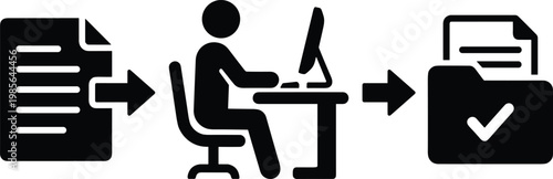 A person sits at a desk using a computer to review a document and move it into a finished folder with a check mark