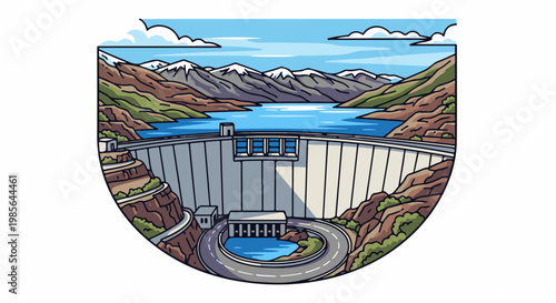 Massive dam holds back a vast lake amidst snow-capped mountains