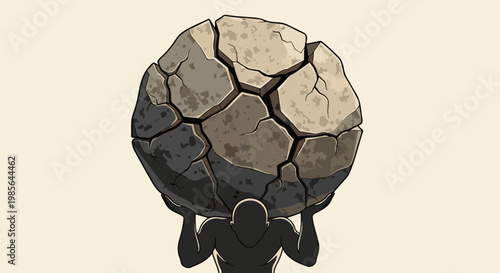 Shadowy figure bears a massive, cracked boulder on its shoulders