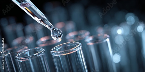 Close-Up View of Glass Test Tubes with Droplet from Pipette in a Laboratory Environment, Scientific Research, and Experimentation Scene