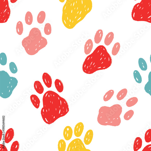 Simple Pet Paw Print Vector Illustration Pensil Childish Hand Drawing Seamless Pattern