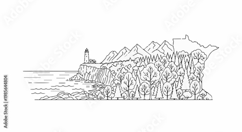 Stylized coastline with lighthouse, mountains, trees, and water