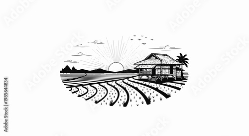 Tropical dawn over a stilted hut amidst lush, curved fields and distant mountains