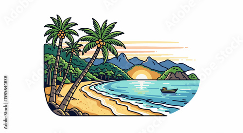 Tropical paradise beach with palm trees, calm ocean, and mountains at sunset