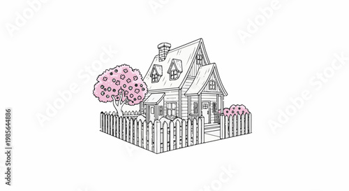 Whimsical cartoon cottage with picket fence and blooming cherry tree