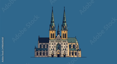 Stylized illustration of a grand cathedral with twin spires and detailed facade