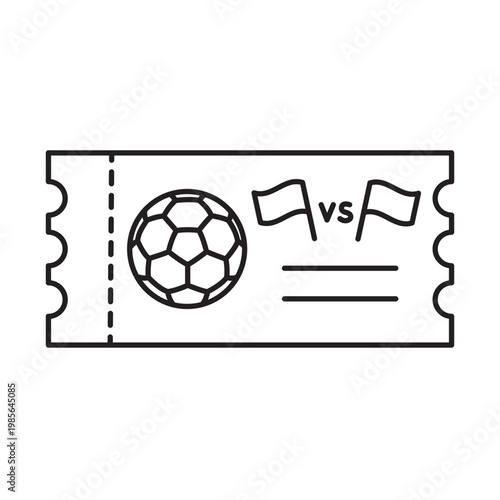 Vector outline illustration of a football ticket featuring a ball and flags, representing a sports match and world championship tournament event.