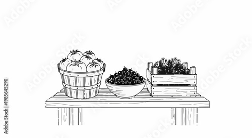 Wooden table with a bucket of tomatoes, bowl of berries, and a crate of greens