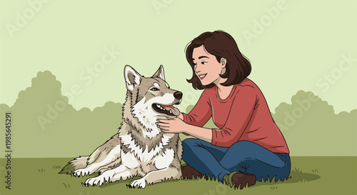 Young woman petting a grey wolf sitting on grass outdoors