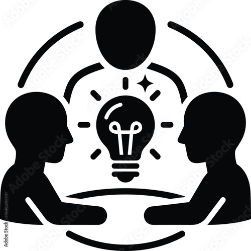 Three people silhouettes gather around a glowing light bulb symbol to represent the process of group work and creating a new idea