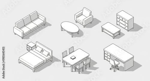 Isometric line drawing of various furniture pieces for interior design.
