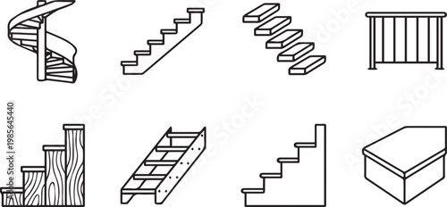 Minimalist staircase icons set, 8 architectural stairs and railing vector elements, modern spiral and wooden step line art for interior design