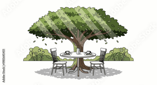 A peaceful outdoor cafe setting with a large tree and two chairs