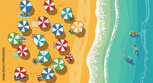 Aerial view of a vibrant beach scene with colorful umbrellas and people