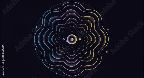Abstract circular design with flowing wavy lines and orbiting celestial body