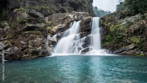 Wallpaper Mural Time-lapse of the silky twin waterfalls cascade through a lush valley, with emerald pools and rocks under soft spring light, Lushan mountain, Jiangxi Province, China. Torontodigital.ca