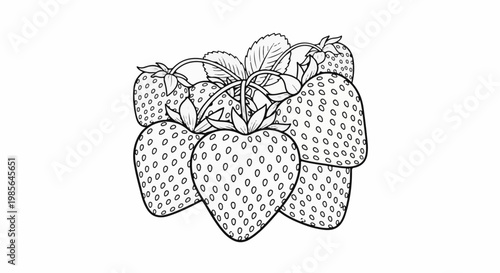 A cluster of strawberries with leaves and stems, black and white line drawing