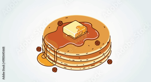 A stack of golden brown pancakes, drizzled with syrup and topped with butter and raspberries