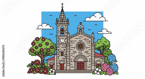 A stone building with a tall bell tower, surrounded by blooming trees and colorful flowers