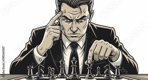 A man in a suit intensely concentrates on a chessboard, deep in thought