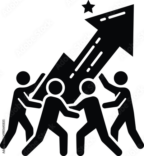 Four person icons cooperate to lift a large upward arrow toward a star showing success and growth through team effort and hard work