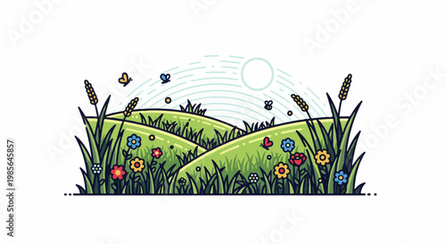 A charming, pixelated meadow bursts with vibrant wildflowers and fluttering butterflies