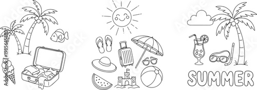 Hand Drawn Summer Vacation Illustration Set Featuring Tropical Palm Trees Suitcase Beach Umbrella Sun And Sandcastle Doodles For Creative Seasonal Travel Designs And Greeting Cards