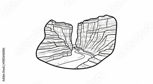 Stylized sketch of a river flowing through a deep, stratified canyon