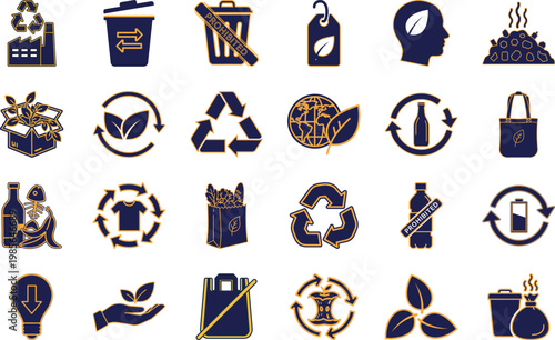 Set of Plastic Free Life and Organic Waste Recycling Icons for Sustainability on transparent background