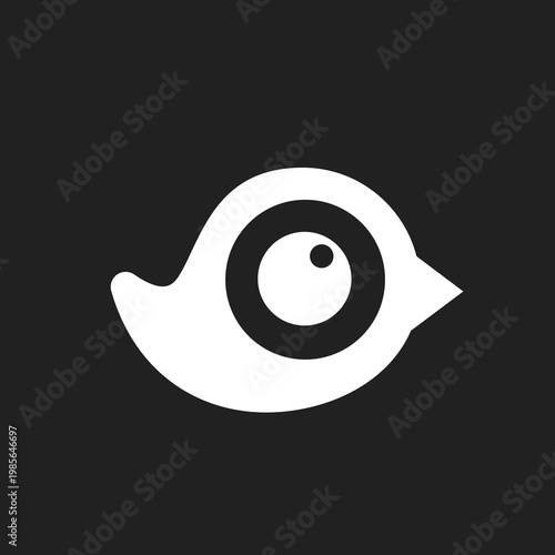 Abstract Minimalist White Bird Logo Icon with Large Eye Design on Black Background