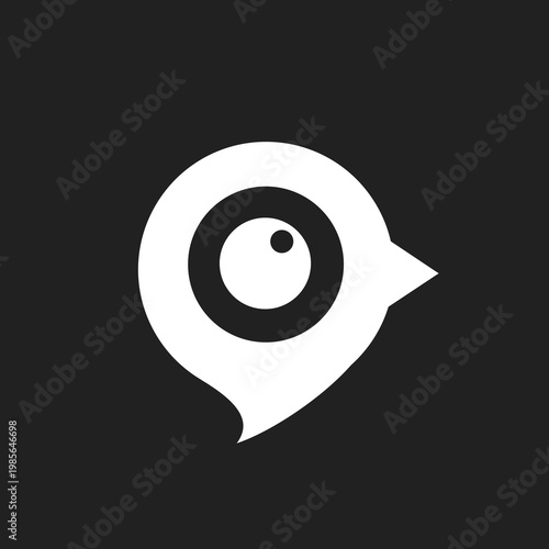 Stylized White Bird Head Logo with Eye Resembling a Map Pin on Black Background, Minimalist Animal Symbol for Navigation or Observation