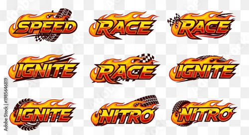 Set of fiery racing word graphics with speed ignite nitro race.