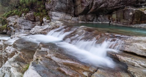 Wallpaper Mural Time-lapse of mountain stream flowing over rocks in valley, captured with ND filter for smooth motion and serene natural beauty.  Torontodigital.ca