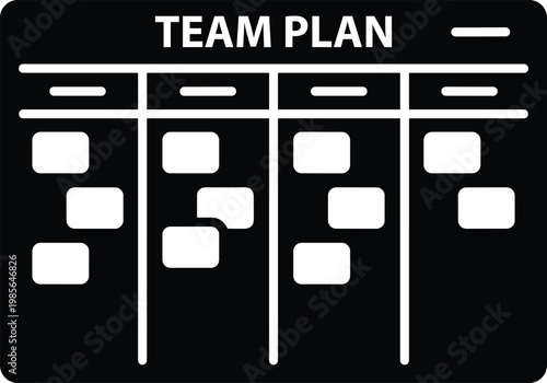 Team Plan A team plan board layout with multiple columns and small boxes for organizing different tasks and project schedules on a dark background