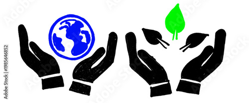 Recycling and eco sketch icon collection in black. Set of recycle symbol, leaf, globe, energy, factory, plant, trash and sustainability icons in doodle style	