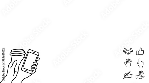 Hands illustrations. Vector concepts of hands with smartphone and coffee. Creative illustrations for graphic and web design, marketing, business presentation, social media.