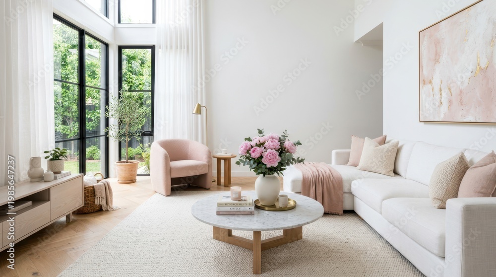 Fototapeta premium Elegant living room with pink accents and large windows overlooking greenery
