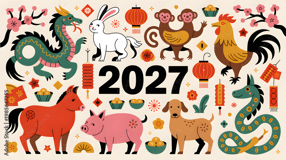 Fototapeta premium Chinese Zodiac animals and 2027 year celebration with lanterns and flowers flat design