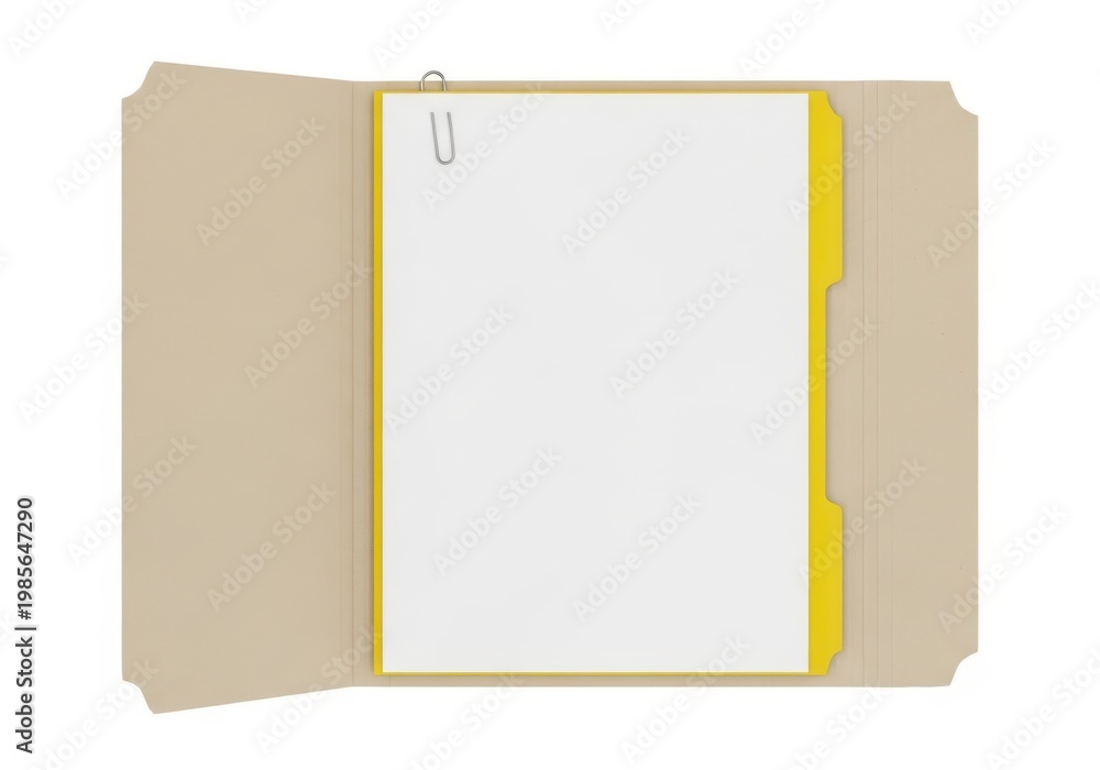 Fototapeta premium A brown folder with a yellow tab and a white paper inside it.