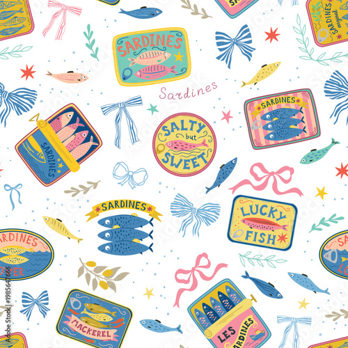 Canned sardines, bows, ribbons seamless pattern. Hand drawn seafood, small fish, repeat background. Mediterranean coastal textile design, vector aesthetic sardines tins print, wallpaper, wrap paper.