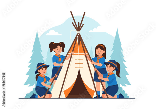 Group of girl scouts setting up a tent